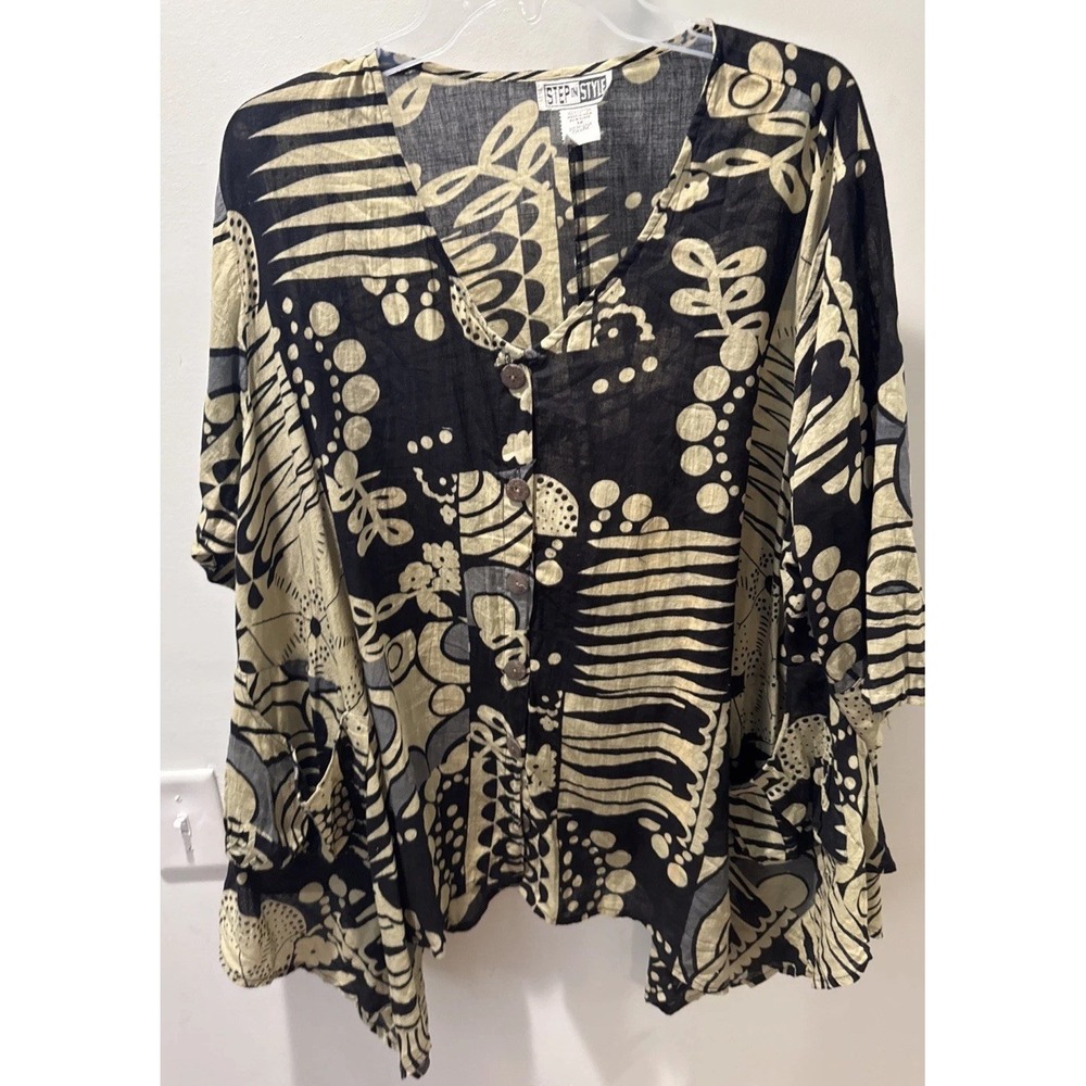 Step In Style Tunic Womens 1x Black Yellow Lagenlook Artsy Breathable Button Up